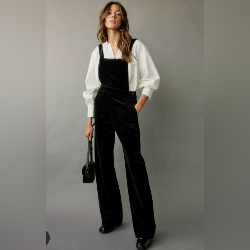 Sezane Black Julie  Corduroy Straight Leg Overalls Jumpsuit Fall Casual Size 40